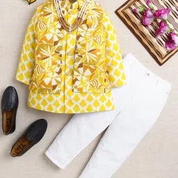 Ahhaaaa Viscose Woven Full Sleeves Abstract Motifs Printed Kurta Pant With Nehru Jacket & Mala Set - Mustard-picture-23