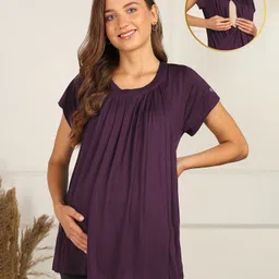 Zelena 95% Viscose 5% Lycra Woven Half Sleeves Solid Maternity Pleated Top With Side Open Nursing Access - Plum-picture-22