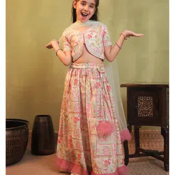 AJ Dezines Cotton Blend Woven Half Sleeves Floral Printed & Sequins Embellished Lehenga Choli With Dupatta Set - Pink-picture-32