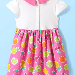 Babyhug Single Jersey Knit Cap Sleeves Peter Pan Collared Frock with Fruits Print - Dark Pink image 2