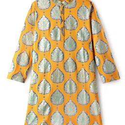 EARTHY TOUCH Single Jersey Knit Full Sleeves Kurta Pajama Set with Floral Foil Print - Mustard & Blue image 2