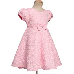 Babyhug Mesh Woven Puffed Sleeves Fit & Flare Party Dress with Embossed Design & Bow Applique - Pink image 2