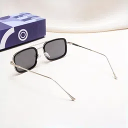 SUNGLASSIC Unisex Black Lens & Silver-Toned Rectangle Sunglasses with image 4