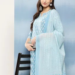 Yufta Women Blue Ethnic Motifs Printed Regular Thread Work Pure Cotton Kurta with Trousers & With Dupatta-image-88