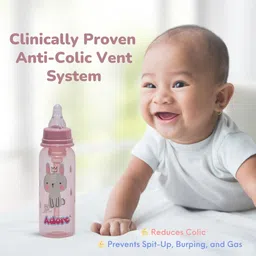 Adore Transparent & Pink Printed Ventilated Anti-Colic Stem Baby Feeding Bottle- 250ml image 2