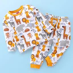 Babyhug Cotton Single Jersey Knit Full Sleeves Night Suit Lion Print - White-picture-20