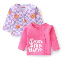 Babyhug 100% Cotton Knit Full Sleeves Checks & Floral Printed Front Open Vests Pack of 2 - Purple & Pink-image-11