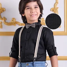 Mark & Mia Full Sleeves Pleated Solid Party Shirt with Bow & Suspender - Black-picture-24