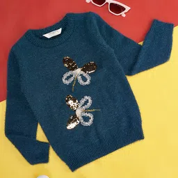 Pantaloons Junior Full Sleeves Butterfly Sequin Embellished Sweater - Blue-picture-12