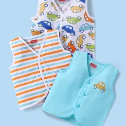 Babyhug Cambric Woven Sleeveless Front Open Jhablas With Car Print Pack of 3 - White Orange & Blue-picture-19