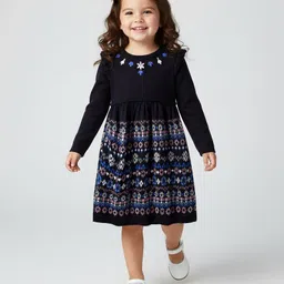 Babyhug Sweater Knit Full Sleeves Woollen Dress With Floral Embroidered - Navy Blue-picture-15