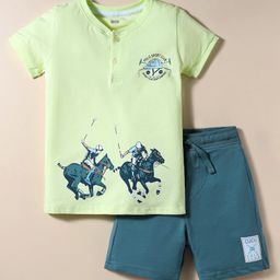 CUCUMBER Sinker Knit Half Sleeves Henley Neck T-Shirt & Shorts Set With Polo Print - Neon Green & Blue-picture-23