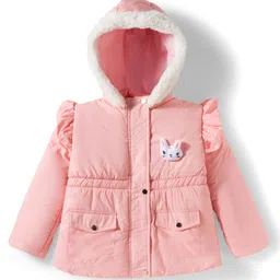 Babyhug Woven Full Sleeves Hooded Jacket with Frill Detailing Cinched Waist & Kitty Applique - Pink-picture-13