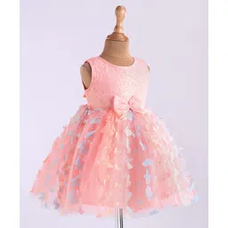 Babyhug Woven Full Sleeves Party Frock With Sequin Embroidery & Floral & Butterfly Applique - Pink image 2