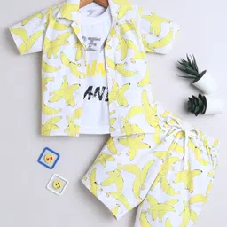 Ministitch Cotton Woven Half Sleeves Bananas Printed Coordinating Shirt & Shorts With Tee Set - Yellow image 3