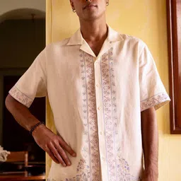 ASUKA Floral Printed Cuban Collar Short Sleeves Embroidered Relaxed Fit Linen Shirt image 2