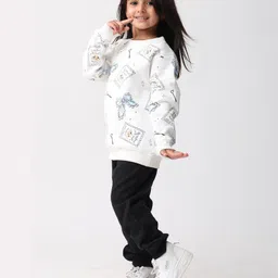 Anthrilo Fleece Knit Full Sleeves Cat Printed Winter Sweatshirt & Joggers Set - White & Black image 4