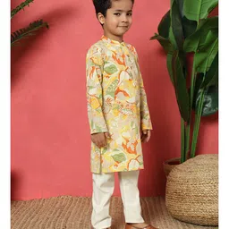 READIPRINT Cotton Full Sleeves Floral Printed Kurta & Pyjama Set - Yellow image 5