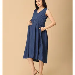 The Mom Store Cotton Woven Solid Maternity Dress With Side Zipper Nursing Access With Three Fourth Sleeves Shacket - Blue image 5