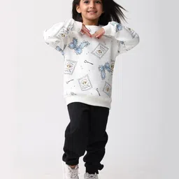 Anthrilo Fleece Knit Full Sleeves Cat Printed Winter Sweatshirt & Joggers Set - White & Black image 5