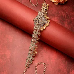 Sukkhi Gold Plated Artificial Stones Studded & Beaded Temple Waist Chain Saree Accessories image 1