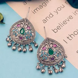 Sangria Silver Plated Stones Studded & Beaded  Drop Earrings-picture-47