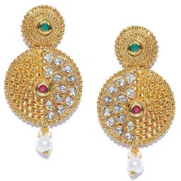 Crunchy Fashion Gold-Plated Textured Stone-Studded Circular Drop Earrings image 1