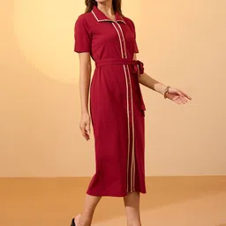 Globus Women Maroon Collared Neck Short Sleeves Belted Midi Shirt Style Workwear Dress-picture-35
