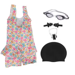 spocco | Swimming Kit for Girls (Age 6-8 Years) with One Piece Frock Style Swimming Costume | Goggles | Cap Ear Plug | Nose Clip | for Swimming Pool, Water Park, School Pool Party, Beach | SC130 image 1