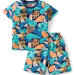 Babyhug Cotton Knit Half Sleeves Night Suit With Tropical Theme - Blue-image-90