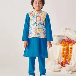 Pspeaches Full Sleeves Solid Coordinating Kurta With Pyjama & Faces Printed Jacket - Multi Colour-picture-22