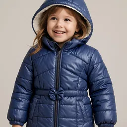Babyhug Woven Full Sleeves Padded Hooded Jacket with Solid Colour & Floral Applique - Navy Blue-picture-17
