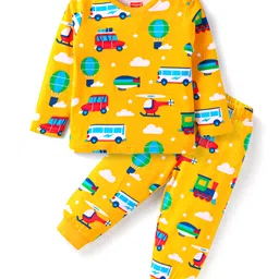 Babyhug Cotton Knit Full Sleeves Car Printed Night Suit - Yellow-picture-14