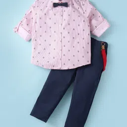 ToffyHouse 100% Cotton Knit Full Sleeves Striped & Nautical Theme Printed Shirt Trouser Set with Bow & Suspender - Navy Blue-picture-14