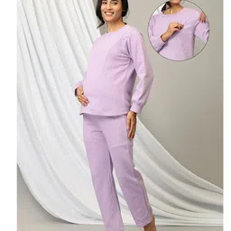 The Mom Store Cotton Full Sleeves Solid Coordinating Maternity Top With Nursing Access & Pajama Set - Lavender-picture-17