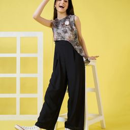 stylobug Stylo Bug Viscose Rayon Sleeveless Abstract Printed & Floral Applique Detailed Jumpsuit - Black-picture-25
