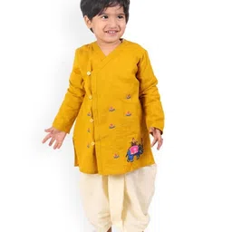 Little Ginnie Cotton Full Sleeves Floral & Elephant Embroidered Kurta & Dhoti Set - Mustard-picture-30
