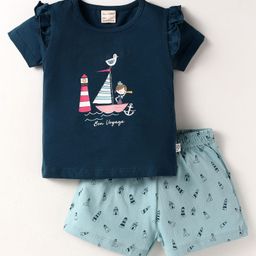 CUCUMBER Sinker Knit Half Sleeves Frill Detailing Shorts Night Suit with Sea Life Print - Blue & Light Blue-picture-11