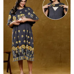 True Shape Half Cape Sleeves Floral Printed Lace Embellished Maternity Poncho Dress With Nursing Access - Grey-picture-24