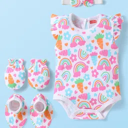 Babyhug 100% Cotton Interlock Knit Sleeveless Onesie with Hair Band Booties & Mittens with Floral & Tropical Print - White & Pink-image-31