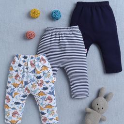 BUMZEE Cotton Pack Of 3 Striped & Dinosaurs Printed Diaper Leggings - Navy Blue & White-picture-3