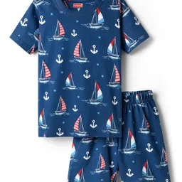 Babyhug Cotton Knit Half Sleeves Co-ords Shorts Night Suit with Nautical Theme Print - Navy Blue-picture-12
