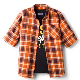 Pine Kids Cotton Woven Full Sleeves Checks Shirt With Text Print T-Shirt - Orange-picture-22