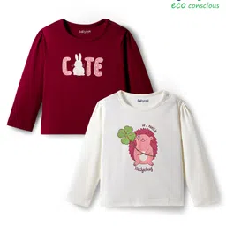Babyoye 100% Cotton Knit Eco Jiva Finish Full Sleeves T-shirts With Animal & Cute Text Print Pack of 2 - Maroon & White-picture-15