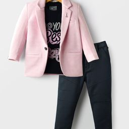 Dapper Dudes Full Sleeves Textured Blazer With Typography Printed Tee & Pant Set - Pink-picture-5