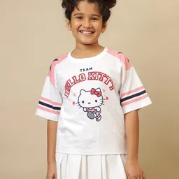 Kidsville Cotton Knit Hello Kitty Featuring Half Sleeves Character Printed Tee - White & Pink-image-11