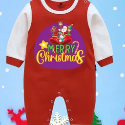 The Peppy Tend 100% Cotton Knit Christmas Theme Raglan Full Sleeves Merry Christmas Text Printed Romper - Red & White-picture-26