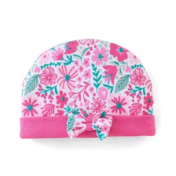 Babyhug 100% Cotton Knit Floral Printed Cap Mittens & Booties with Bow Applique - Pink image 2