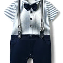 Mark & Mia Cotton Woven Half Sleeves Party Romper with Bow & Suspender with Stripes - Navy Blue image 2