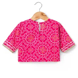 Teentaare Cotton Woven Half Sleeves Motif Printed Choli Lehenga Set with Dupatta & Lace Detailing - Dark Pink image 3